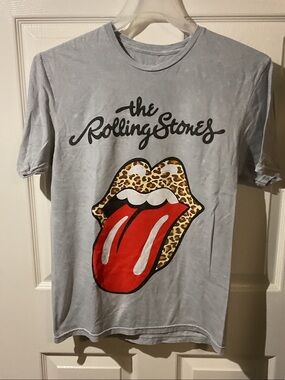 The Rolling Stones Light Gray Short Sleeve Band Tee with Red Leopard Tongue